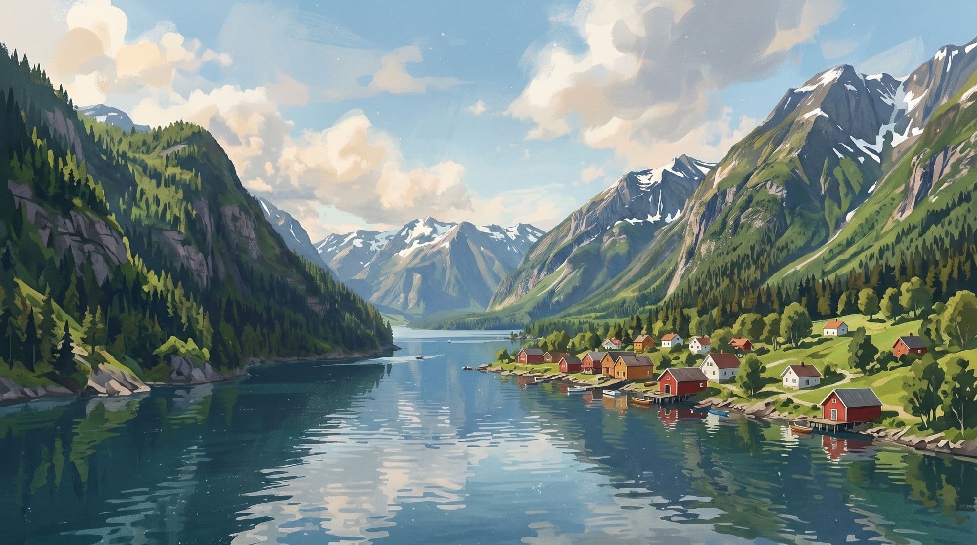 Maleri af en by, hvor man taler norsk
